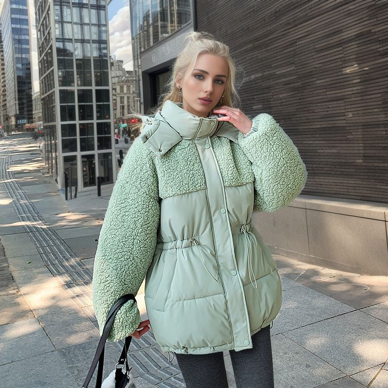 Women’s Cotton-Padded Lamb Wool Coat – Drawstring Waist Thickened Winter Jacket