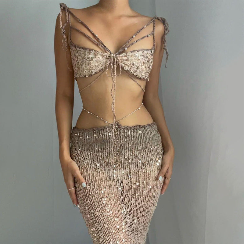 Women’s Sequin & Tulle Two-Piece Set – Glamorous Strappy Top + Flowy Skirt