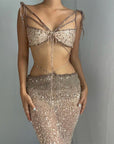 Women’s Sequin & Tulle Two-Piece Set – Glamorous Strappy Top + Flowy Skirt