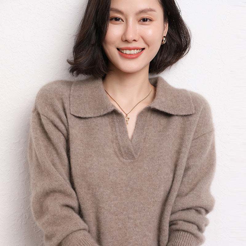 Pull col polo en cachemire pour femme – Coupe courte et ample (taille unique, longueur 50 cm)