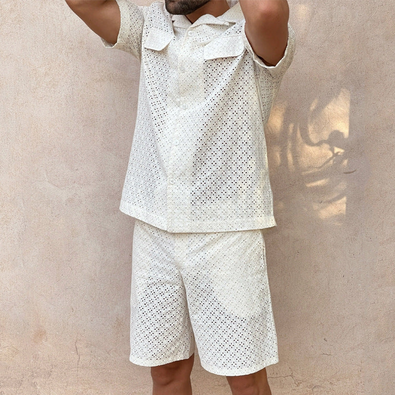 🔥 Men’s Short-Sleeve Shirt & Shorts Set – Breathable Polyester (White, S-XXXL)