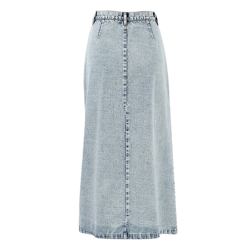 Damen-Maxirock im Used-Look aus Denim – dehnbarer, verwaschener A-Linien-Langrock (Spandex-Mischung, SL) für Büro und Freizeit