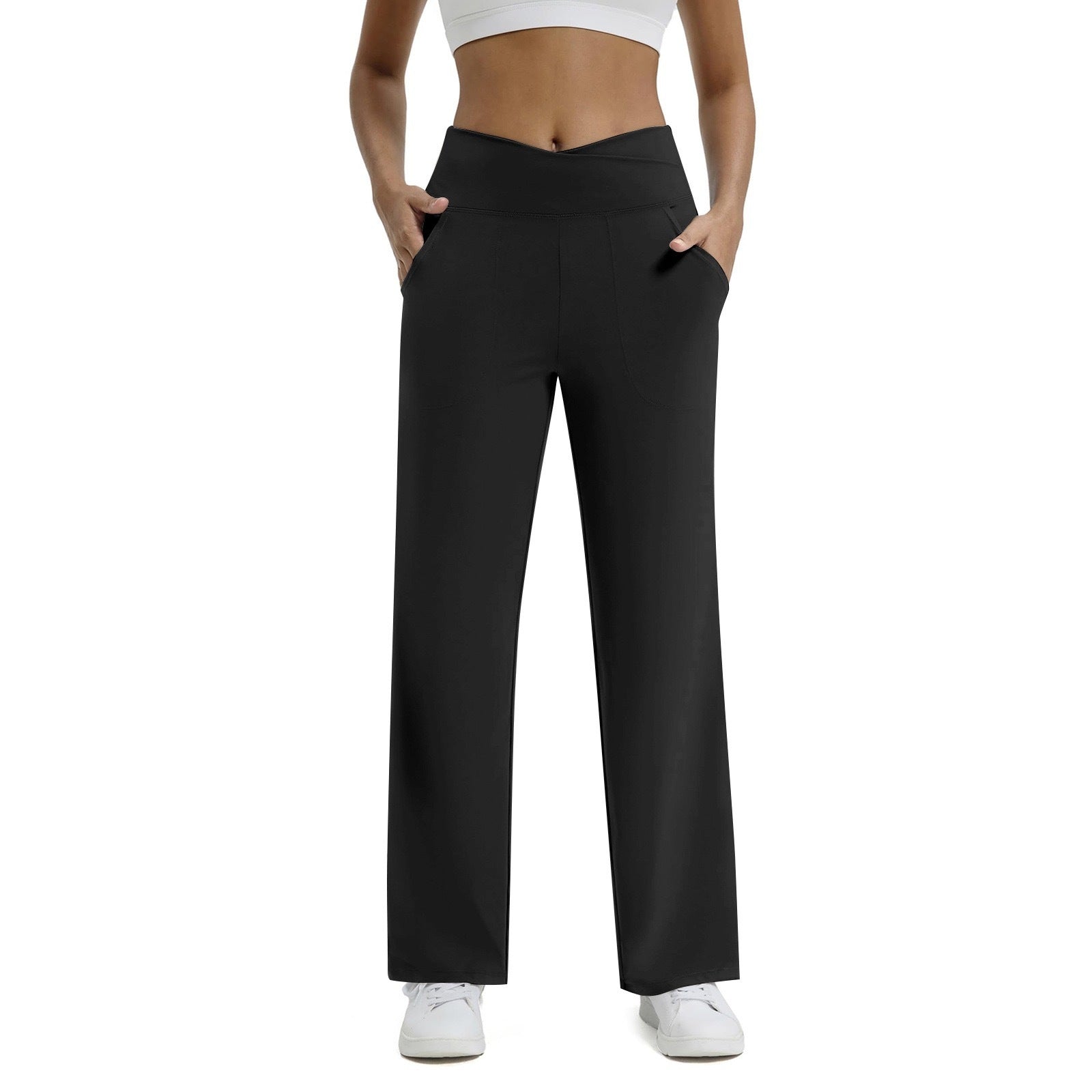 Women’s V-Waist Cross Pocket Fitness & Yoga Trousers – Japanese & Korean Casual Style