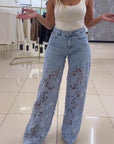 Y2K Lace Flower Hollow Jeans – High Waist, Wide Leg & Effortlessly Chic