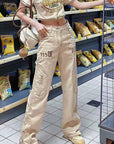 Jean kaki pour femme - Pantalon vintage taille haute à braguette zippée (S-XL) - Tissu métallique rétro