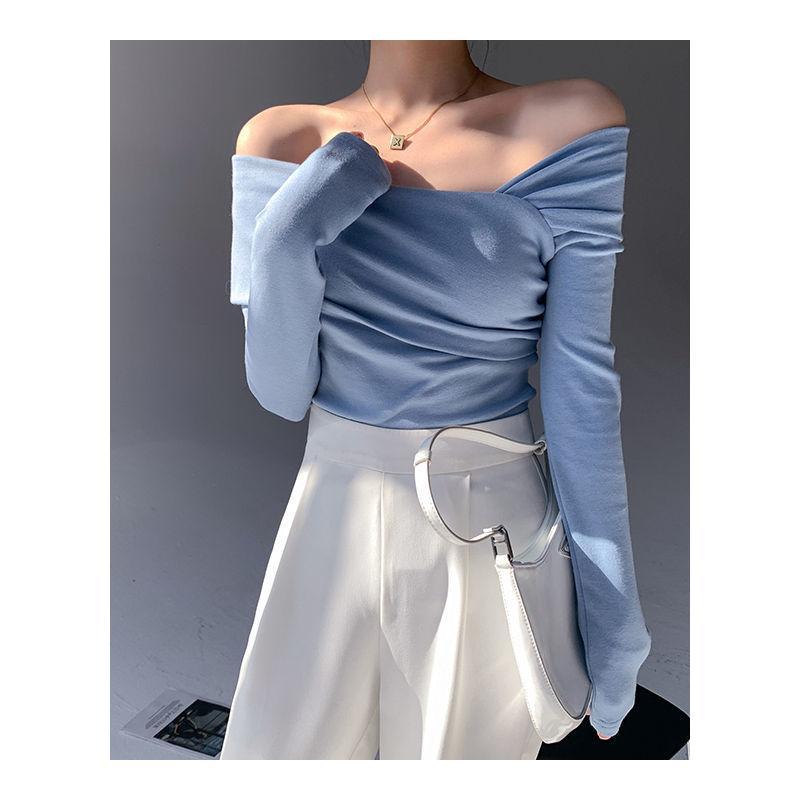 Haut asymétrique à épaules dénudées pour femme - Chemisier à manches longues style coréen (jaune d'œuf bleu, polyester, chic et séduisant)