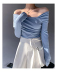Women's One-Shoulder Off-the-Shoulder Top - Korean Style Long Sleeve Blouse (Blue Goose Egg Yolk, Polyester, Chic & Flirty)