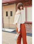 Women’s Halterneck Off-Shoulder Top - Ruffled Summer Blouse (Apricot, Polyester, Simple & Stylish)