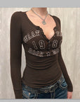 Women’s Slim Fit Long Sleeve T-Shirt - Number Print Knitted Polyester Top (Dark Blue/Black/Brown) Layering Essential