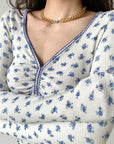 Women's Floral Print Slim-Fit Crop Top - V-Neck Long Sleeve Stretchy Blouse (Sizes S-XL)
