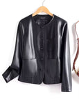 Women’s 100% Genuine Sheepskin Leather Jacket – Slim Fit Short Korean Style Round Neck Coat