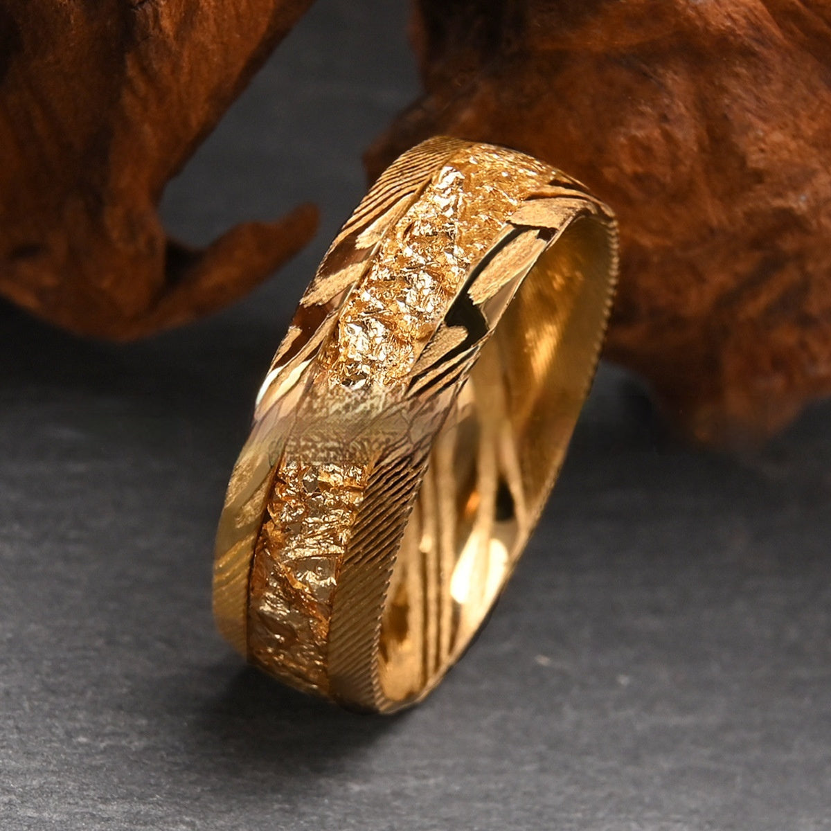 Damascus Steel Ring for Men - Gold Foil Inlay Minimalist Band (Sizes 7-13)