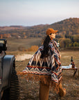 Women’s Ethnic Vintage Print Shawl – Double-Sided Tassel Artistic Cloak