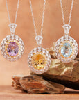 Women Natural Citrine, Amethyst & Topaz Necklace – 925 Sterling Silver Retro Hollow Geometric Clavicle Chain Pendant
