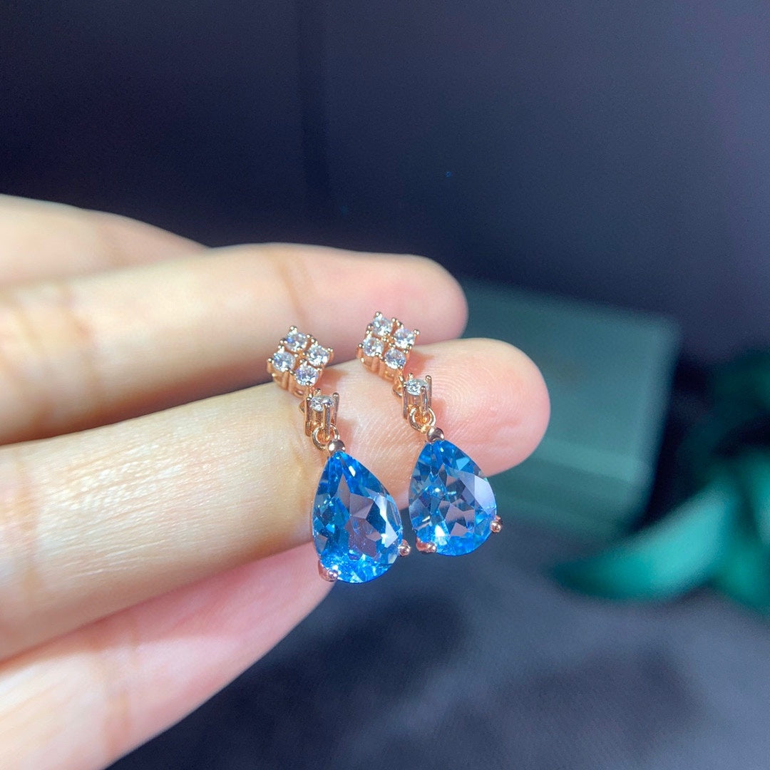 Women’s Natural Blue Topaz Earrings – Sterling Silver S925 Gem Inlay