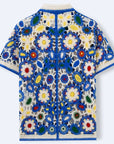 Ethnic Crochet Knit Shirt – Blue Colorblock Short Sleeve Top (M-3XL)