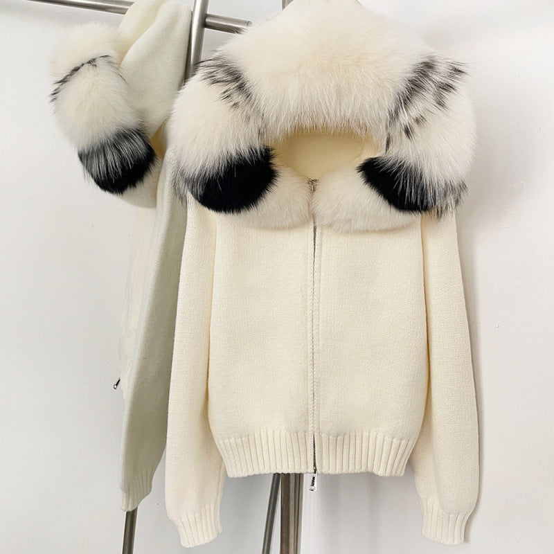 Women’s Hooded Spring Coat – Zipper Cardigan with Real Fox Fur Collar