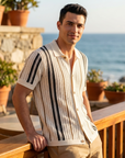 Men’s Hollow Knitted Polo Shirt – Breathable Ice Silk Short Sleeve Polo with Striped Design, Stretch Fit & Summer Casual Style