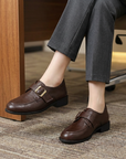 Women’s Classic Leather Loafers – French-Inspired British Style Slip-On Shoes with Belt Buckle Detail