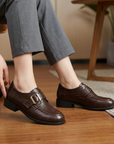 Women’s Classic Leather Loafers – French-Inspired British Style Slip-On Shoes with Belt Buckle Detail