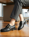 Women’s Classic Leather Loafers – French-Inspired British Style Slip-On Shoes with Belt Buckle Detail