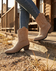 Women’s Short Western Cowboy Boots – Suede Pointed Toe Thick Heel Slip-On Retro Ankle Boots