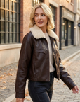 Women Fleece Lined Genuine Sheepskin Leather Jacket – Short Lapel Zip-Up Winter Warm Luxury Coat