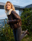 Women Fleece Lined Genuine Sheepskin Leather Jacket – Short Lapel Zip-Up Winter Warm Luxury Coat