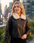 Women Fleece Lined Genuine Sheepskin Leather Jacket – Short Lapel Zip-Up Winter Warm Luxury Coat