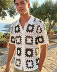 Men’s Crochet Knit Polo Shirt – Breathable Cut-Out Grid Pattern Short Sleeve Summer Polo