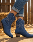Women’s Short Western Cowboy Boots – Suede Pointed Toe Thick Heel Slip-On Retro Ankle Boots