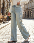 Women’s High-Waist Wide-Leg Jeans with Side Ribbon – Embroidered Loose Fit Denim Pants