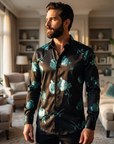 Men Floral Print Long Sleeve Shirt – 3D Digital Printed Stretch Slim Fit Urban Lapel Dress Shirt
