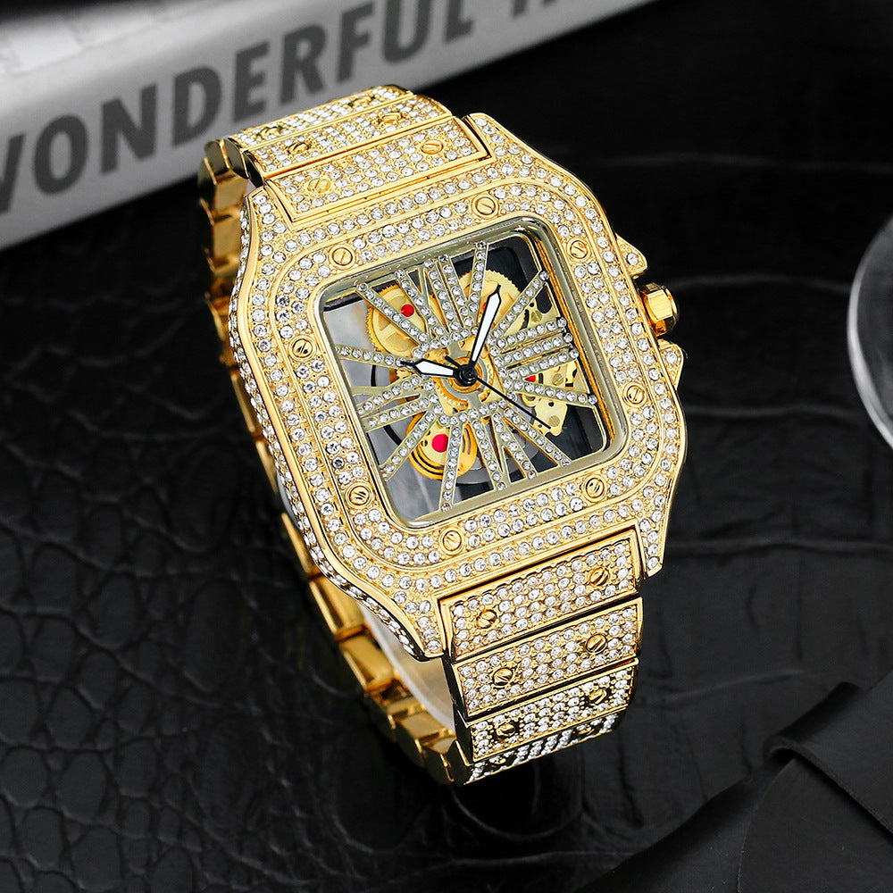 Men’s Square Skeleton Watch – Full Diamond Quartz (Gold/Silver, 44mm)