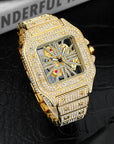 Men’s Square Skeleton Watch – Full Diamond Quartz (Gold/Silver, 44mm)