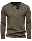 Winter New Long Sleeve T-shirt Men's Bamboo Cotton Solid Color Four Button Henry Collar Long Sleeve T-shirt Men