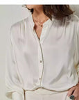 Women's Luxury Silk Shirt - Solid Color Lantern Sleeve Cardigan (Orange/White) - Loose Fit Long Sleeve Blouse
