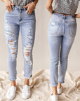 ✨ Jean court déchiré taille haute pour femme – Denim bleu clair vieilli (S-XL)