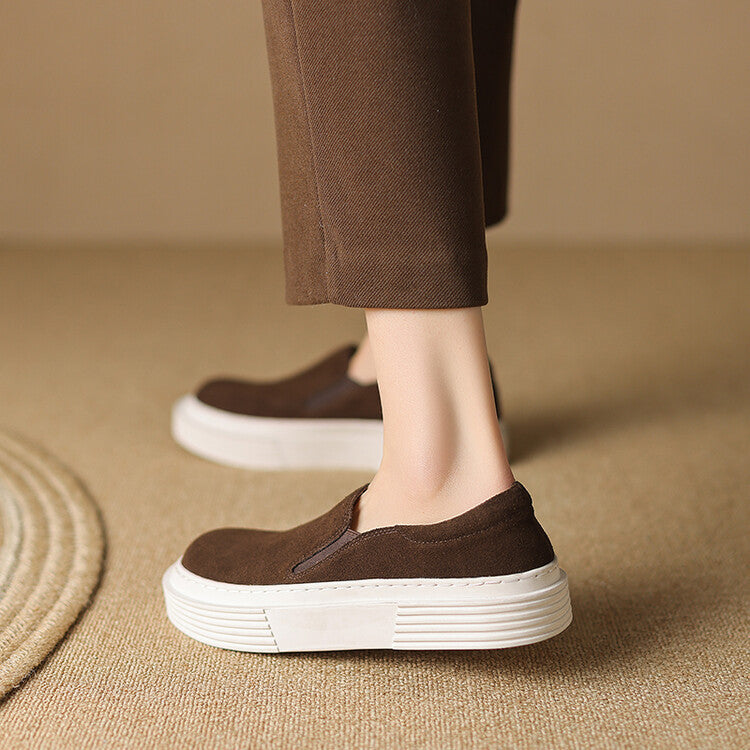 Women's Genuine Leather Classic Muffin Heel Pumps - Square Toe Ballet Flats