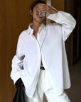 Women's Loose Fit White Shirt - Flip Collar Long Sleeve Blouse (XS-L) - Cotton-Polyester Blend Relaxed Top for Work & Casual