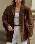 Women’s Faux Suede Suit Jacket – Retro Art Style with Modern Comfort