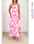 Robe longue à volants et imprimé floral pour femme (rose/violet/bleu) – Robe de soirée sexy sans manches en polyester