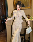 Women’s Tweed Two-Piece Set – Elegant Coat Top & High-Waist Fishtail Skirt
