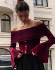 Women’s Off-Shoulder Clinched Splicing Knitwear – Elegant Long-Sleeve Bell-Sleeve Sweater Top