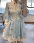 🌺 Women's Patchwork Lantern Dress - Blue Floral Holiday Maxi