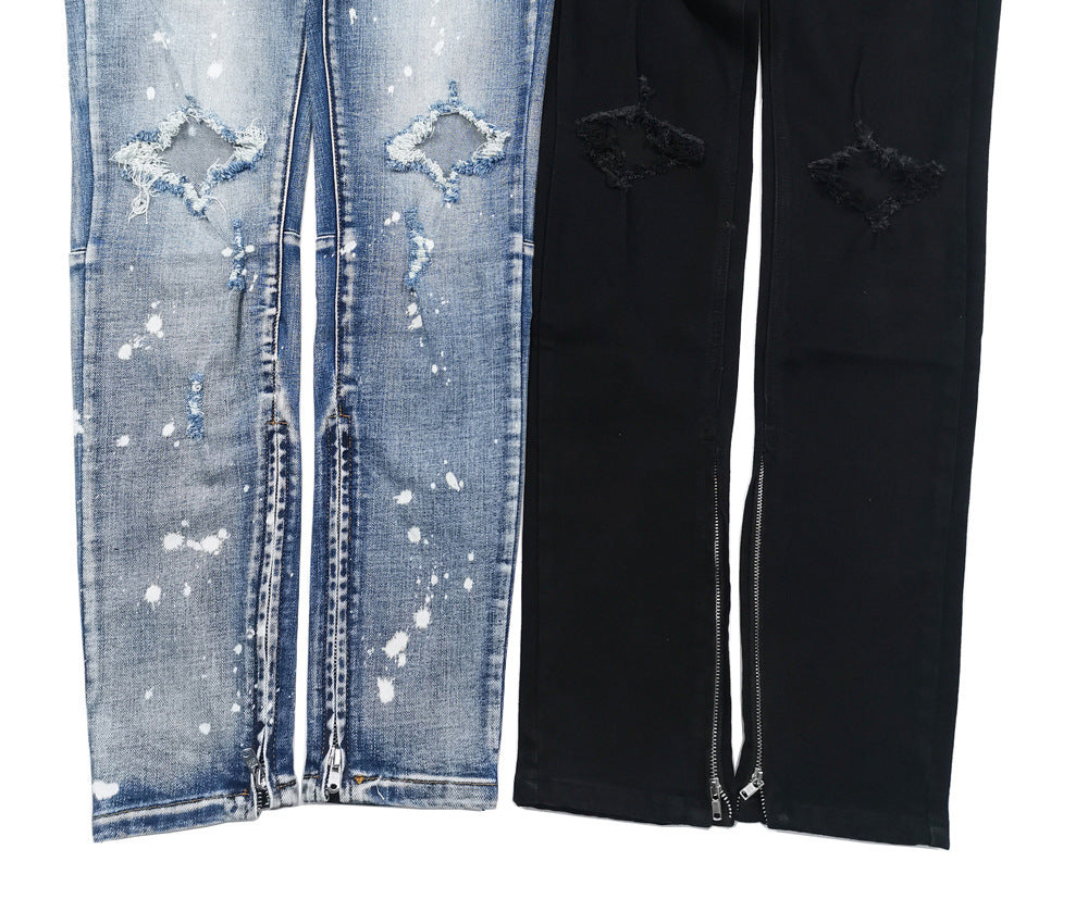 Jean skinny déchiré pour homme – Pantalon en denim de coton vieilli (blanc neige/bleu clair/noir) – Taille mi-haute, coupe slim pour jeunes (tailles 29-38)