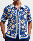 Ethnic Crochet Knit Shirt – Blue Colorblock Short Sleeve Top (M-3XL)