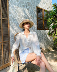 🇫🇷 Chemise en lin d'inspiration française pour femme – Coupe slim avec dentelle et manches bouffantes (chic intellectuel)