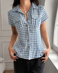 Women’s Hot Girl Plaid Short Sleeve Button Shirt – Slim Fit Knitted Top
