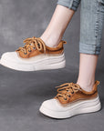 Women’s Full-Grain Leather Lace-Up Shoes – Classic Round-Toe (Yellow/Cameo Brown, Sizes 35-40)